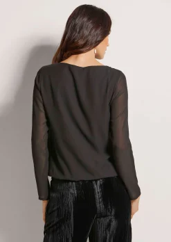 Rundhals-Bluse mit transparenten Ärmeln
