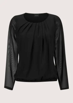 Rundhals-Bluse mit transparenten Ärmeln